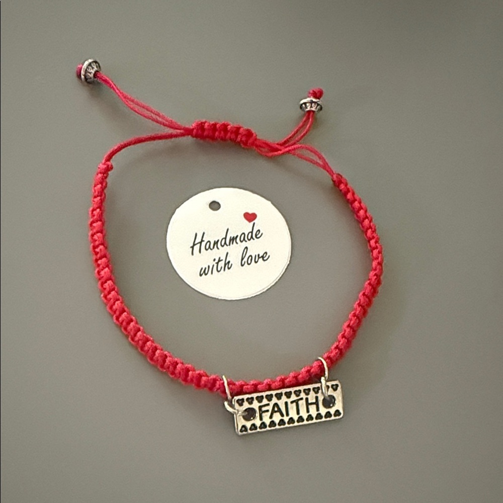 Handmade Red Bracelet with Silver Faith Charm